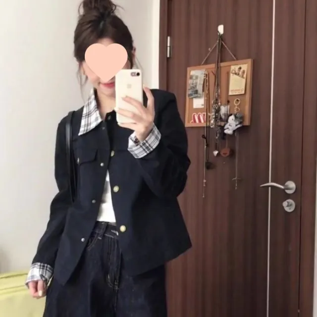 Women's Retro Short Plaid Patchwork Jacket Blue - Shop at LoveMi