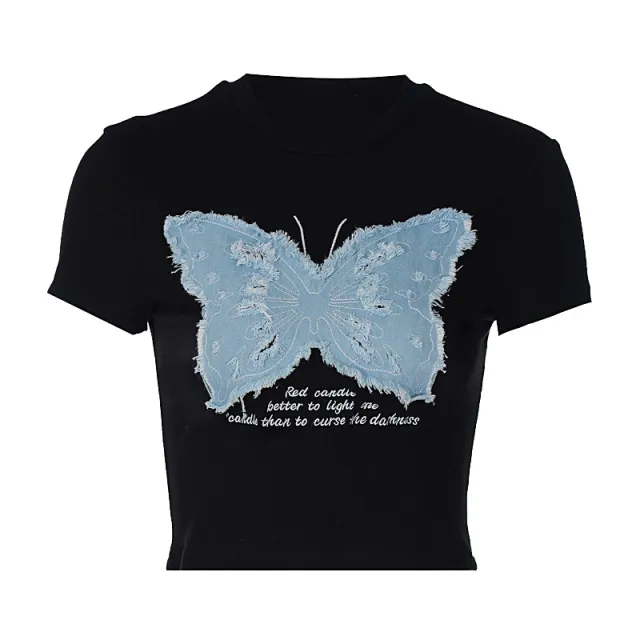 Women's Summer Cropped Printed Top Butterfly Embroidered T shirt Red - Shop at LoveMi