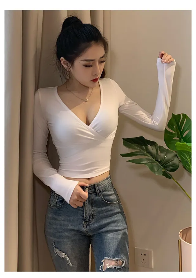 Long Sleeve Short Sexy Tight Navel Bottoming Shirt Women's Top White - Shop at LoveMi
