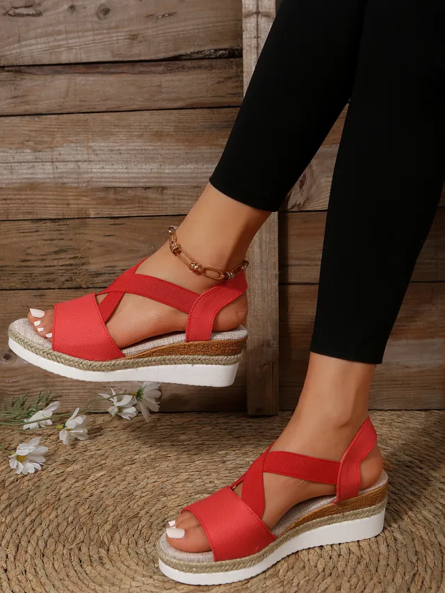 Plus Size Summer Hemp Rope Straw Woven Platform High Heel Open Toe Sandals Red - Shop at LoveMi