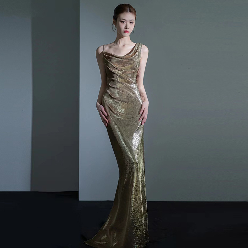 Fishtail Evening Dress For Women Elegant Sequins Annual Meeting Sexy Backless Gold Yellow - Shop at LoveMi