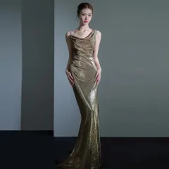 Fishtail Evening Dress For Women Elegant Sequins Annual Meeting Sexy Backless - Gold - View 1