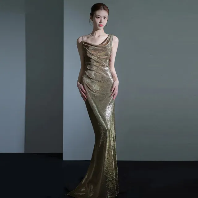 Fishtail Evening Dress For Women Elegant Sequins Annual Meeting Sexy Backless Gold - Shop at LoveMi