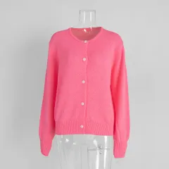 Macaron Color Sweater Cardigan For Women - Rose Red - View 1