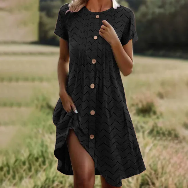 Loose fitting Casual Round neck Short Sleeve Women's Dress Black - Shop at LoveMi