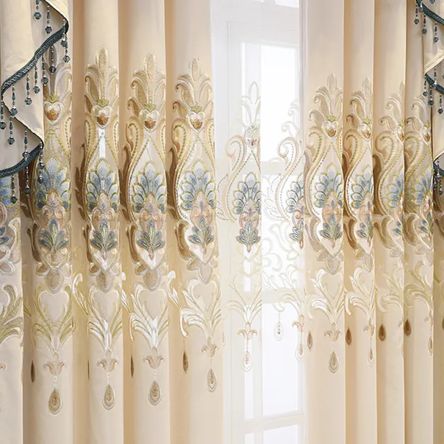 High end Curtain European Style Hollow Flower Embroidery Living Room Beige Cloth - Shop at LoveMi