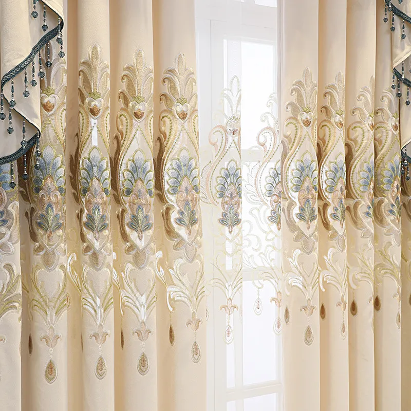 High-end Curtain European Style Hollow Flower Embroidery Living Room - Beige Cloth