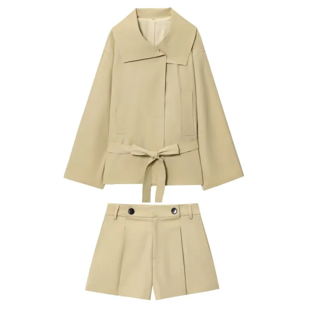 Long Sleeve Jacket With Belt Windbreaker Button Pleated Shorts Fashion Suit Suit Xs - Shop at LoveMi