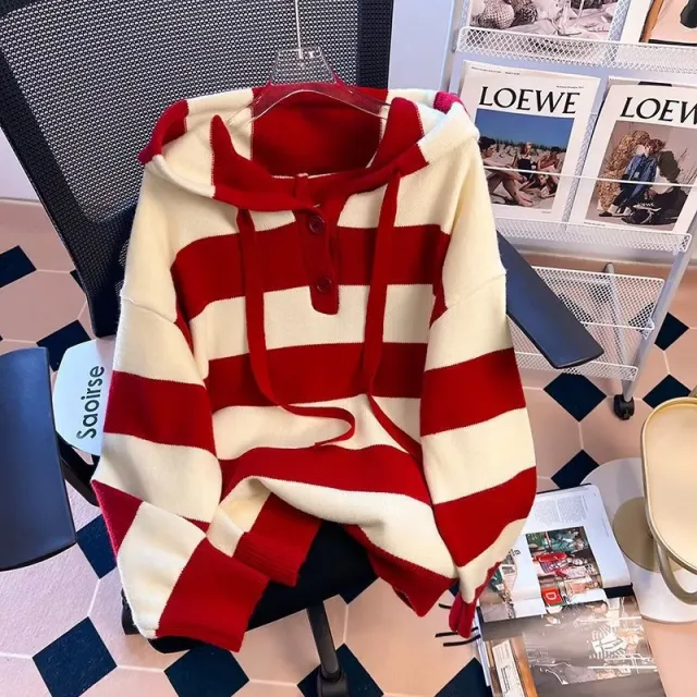 Spring And Autumn Stripes Hooded Sweater Women's Loose Red - Shop at LoveMi