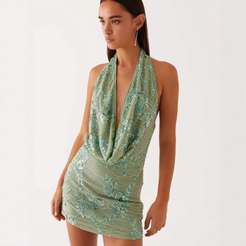 Elegant V-neck Printed Halter Dress For Women