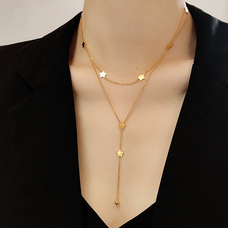 New Titanium Steel 18K Gold Double Circles Star Necklace Female Clavicle Chain