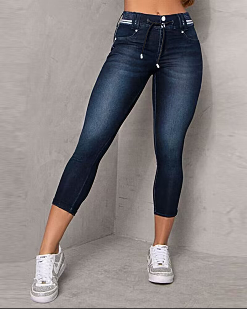 Title 3, Jeans skinny con cuciture a righe, coulisse, ef...