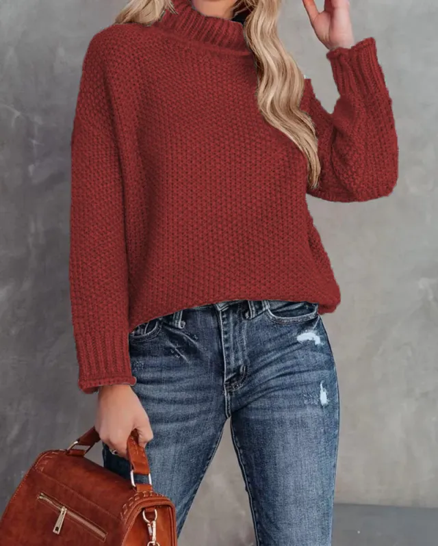Women's High neck Long sleeve Rolled edge Knit Sweater Wine - Shop at LoveMi