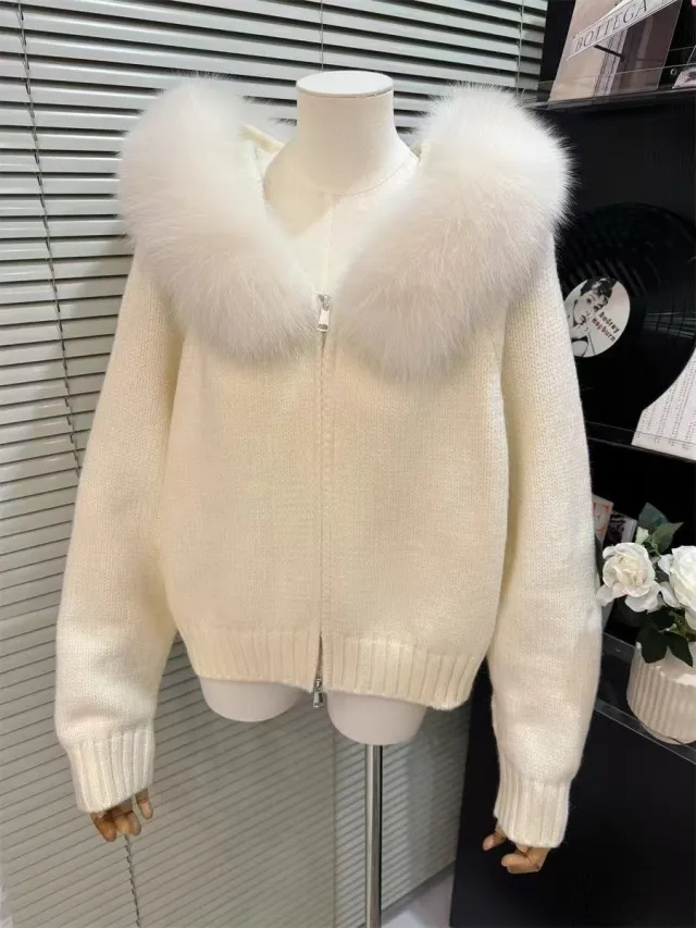 High grade Women's Top Hooded Knitted Fur Collar Cardigan White - Shop at LoveMi
