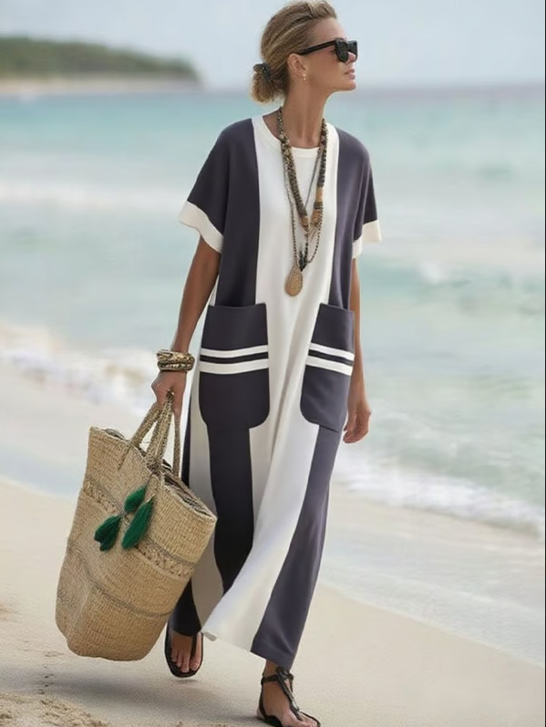 Women's Fashion Casual Round Neck Short Sleeve Dress White Purple Color - Shop at LoveMi