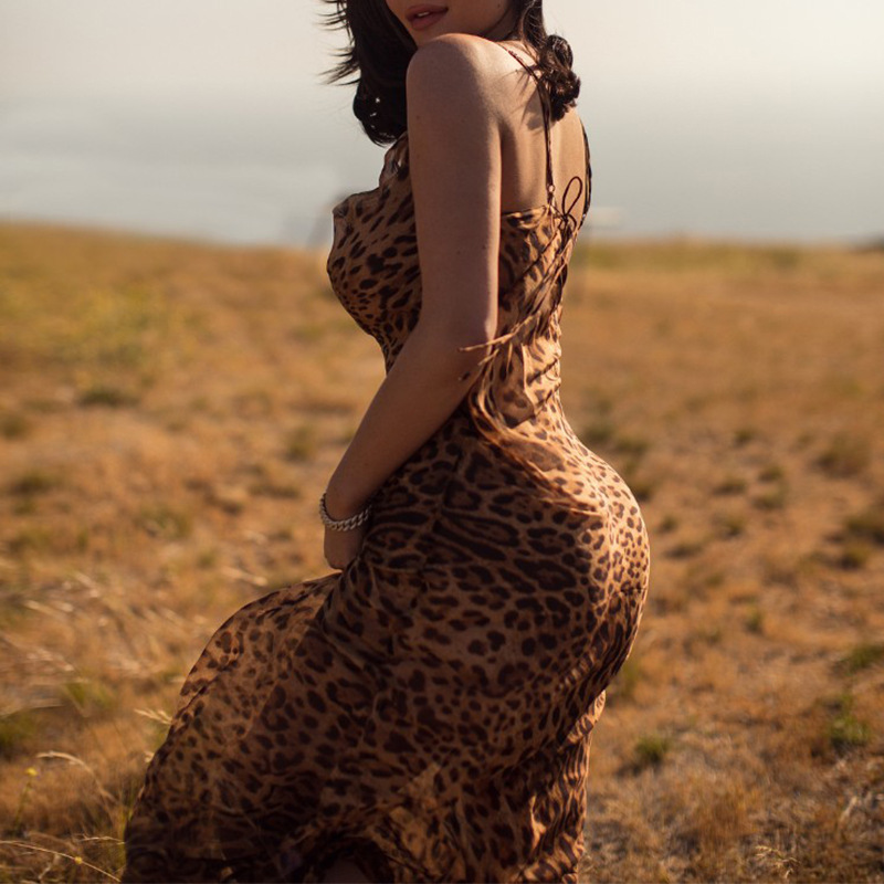 Women's Hot Girl Sling Exposed Back Leopard Print Evening Dress