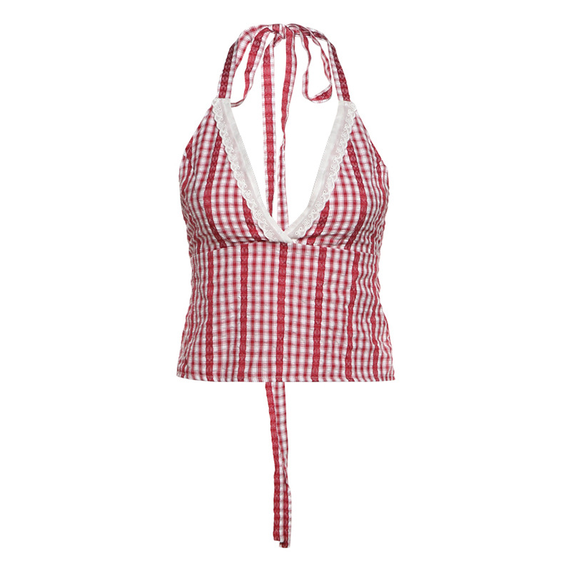 New Deep-V Korean-style Fashionable Camisole Top And High-waisted Plaid Shorts Set