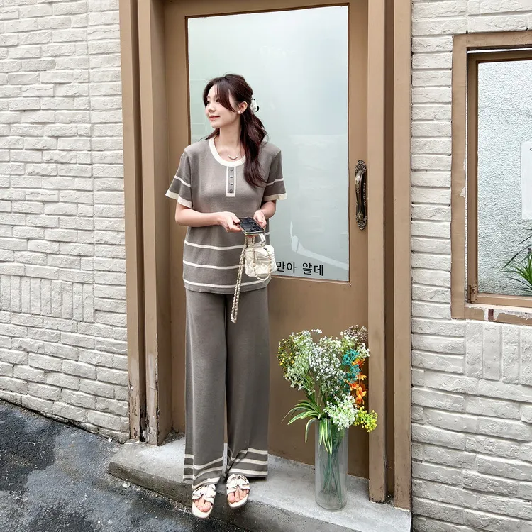 Fashionable Minimalist Relaxed-fit Short-sleeve Top Pants - Brown