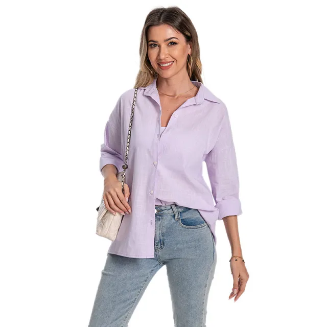 Women's Cotton And Linen Long sleeved Cardigan Loose Oversized Long Sleeves Shirt Lavender - Shop at LoveMi