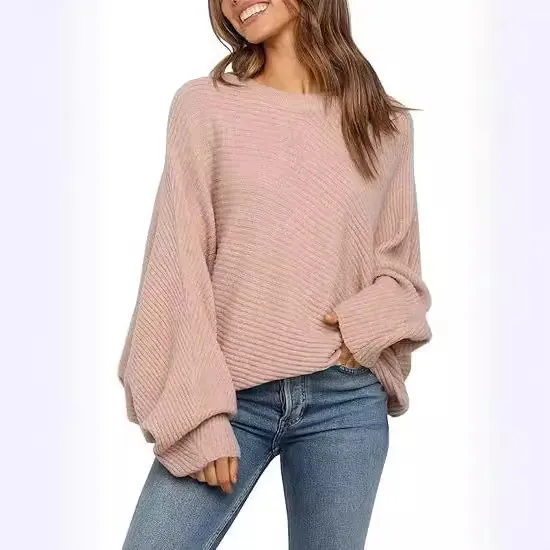 Round Neck Solid Color Loose Sweater Top Leisure Pullover Pink - Shop at LoveMi