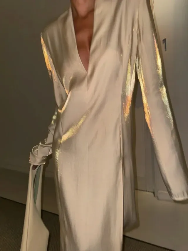 Women's New Gold Glitter V neck Slit Casual Fashion Dress Golden Light - Shop at LoveMi
