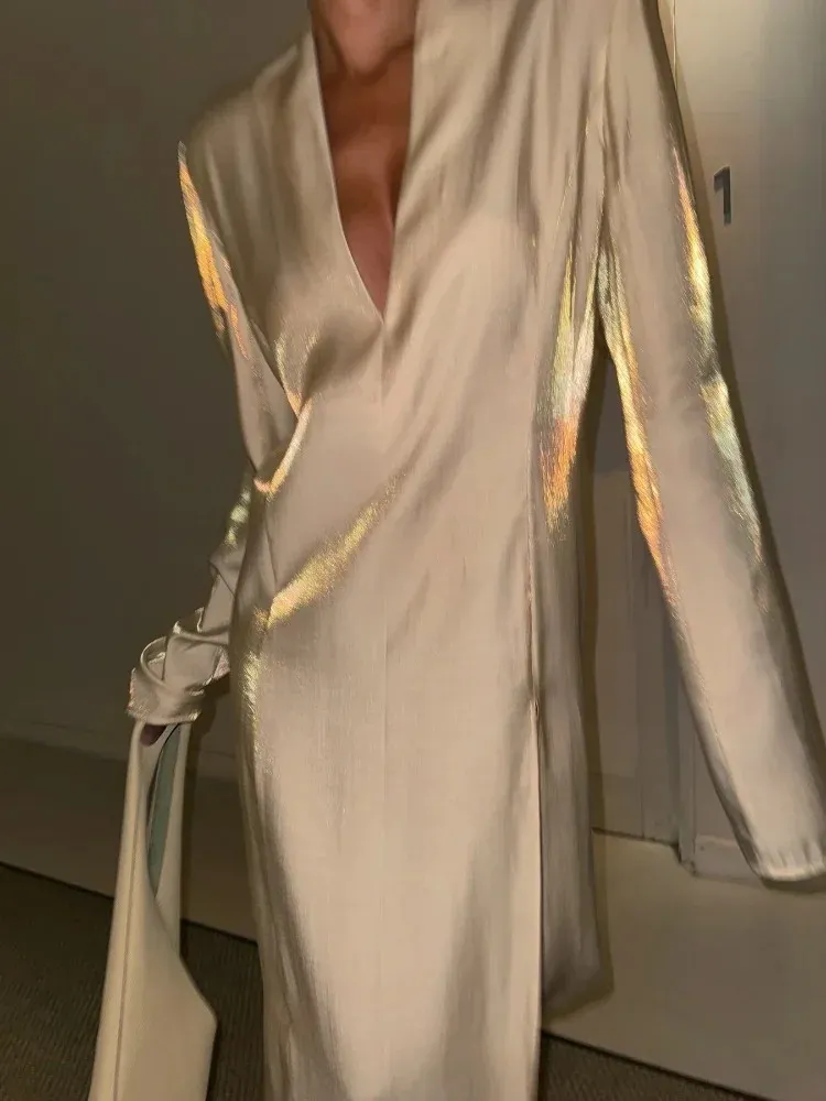 Women's New Gold Glitter V-neck Slit Casual Fashion Dress - Golden Light