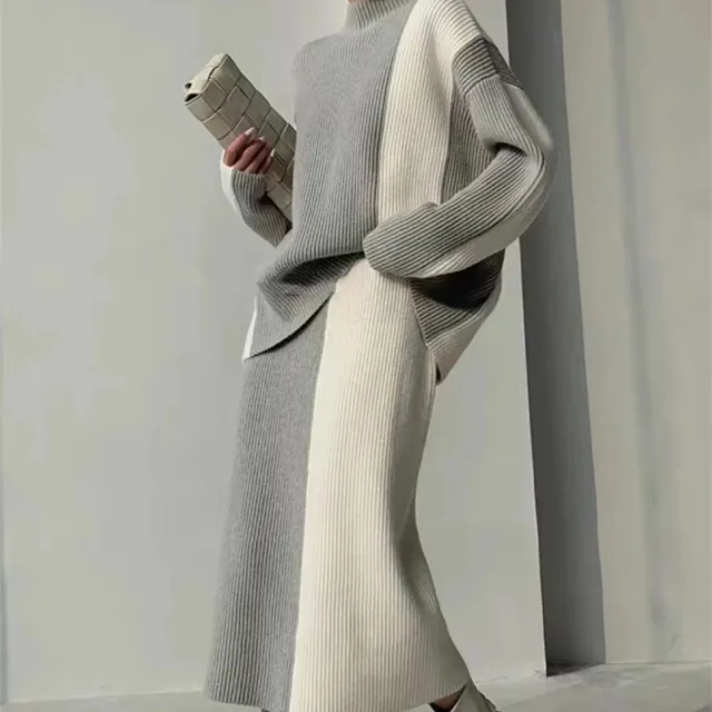 Turtleneck Long sleeved Knitted Top Two piece Set White - Shop at LoveMi