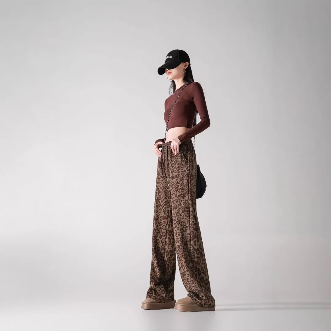Womens Fleece-Lined Thickened Warm Leopard-Print Drawstring Wide-Leg Pants