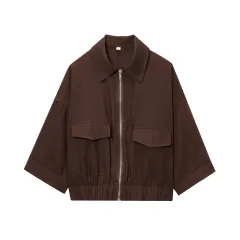 Women's New Ramie Blend Zip Jacket - Brown - View 1