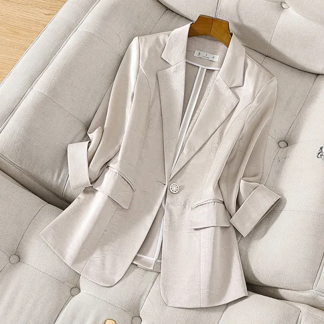 Satin Suit Jacket For Women Spring And Summer Elegant High Sense Small Casual Suit Top Apricot - Shop at LoveMi