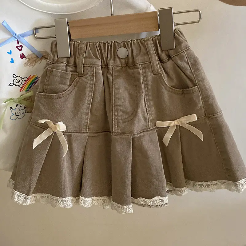Cute Cartoon Puppy Bow Short Sleeve T-shirt Lace Edge Denim Skirt