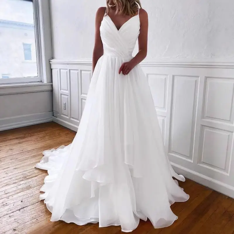 Fitted-waist Pleated V-neck Strap Light Wedding Dress