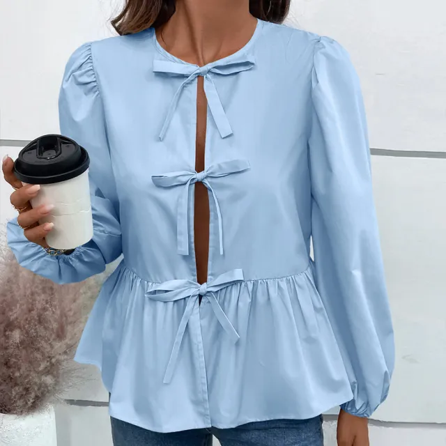 Casual Loose Buckle Shirt Top For Women Light Blue - Shop at LoveMi