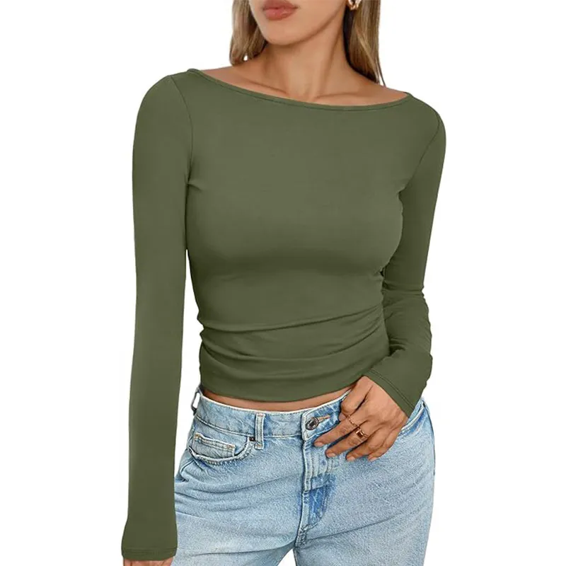 Slim Long-sleeved T-shirt Fashion Solid Round Neck Top Women's Clothing - Green