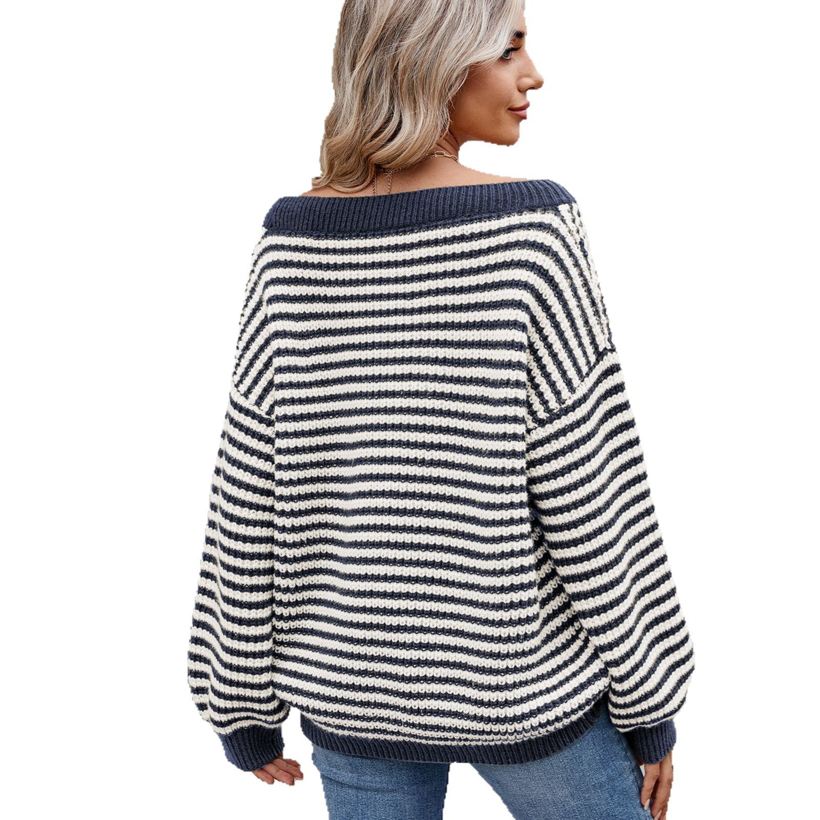 New Stylish Boat-neckline Knit Sweater Striped Contrast-color Sweater - Image 4