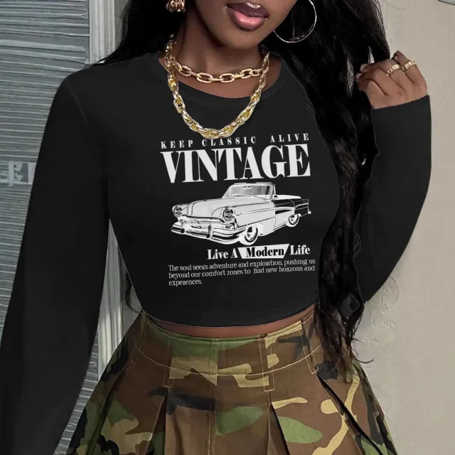 Printed American style Vintage Long sleeve Crew neck T shirt Black - Shop at LoveMi