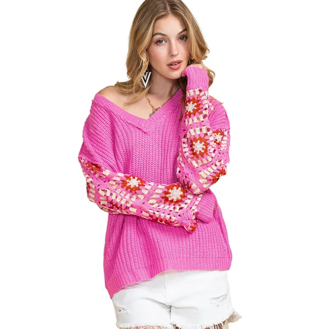 Pullover Long Sleeve Top Women's Casual All match Crocheted Knitted Sweater Lc2723222 Rose Red - Shop at LoveMi