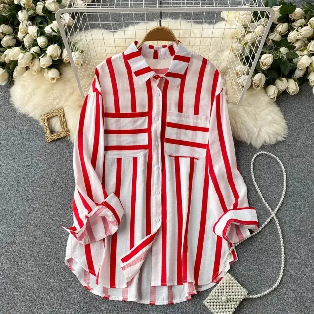 Mid length Vertical Stripes Multi color Shirt Coat Casual Loose Top Red - Shop at LoveMi