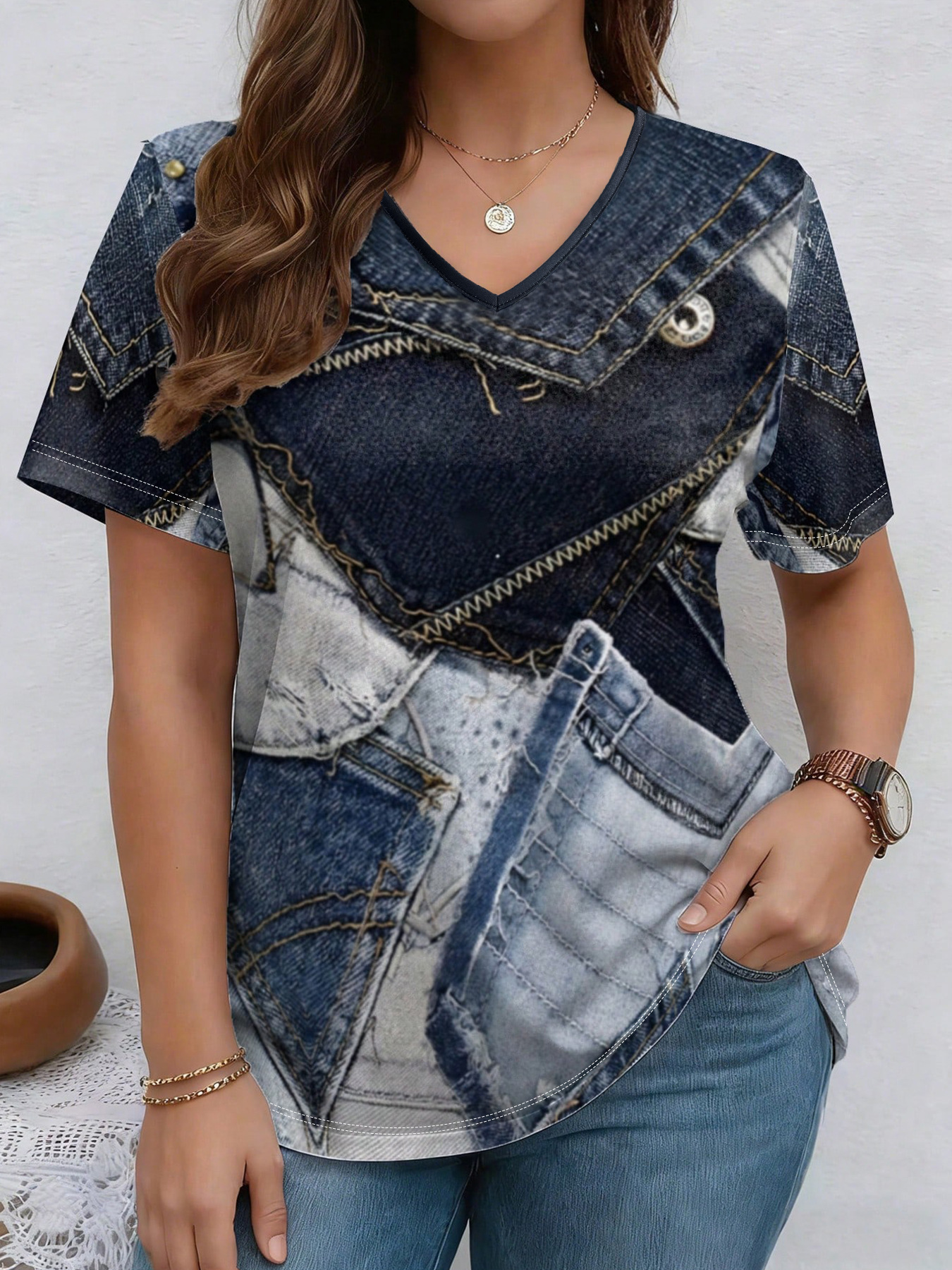 Denim print casual tee in pink plaid, close-up of print and fabric texture