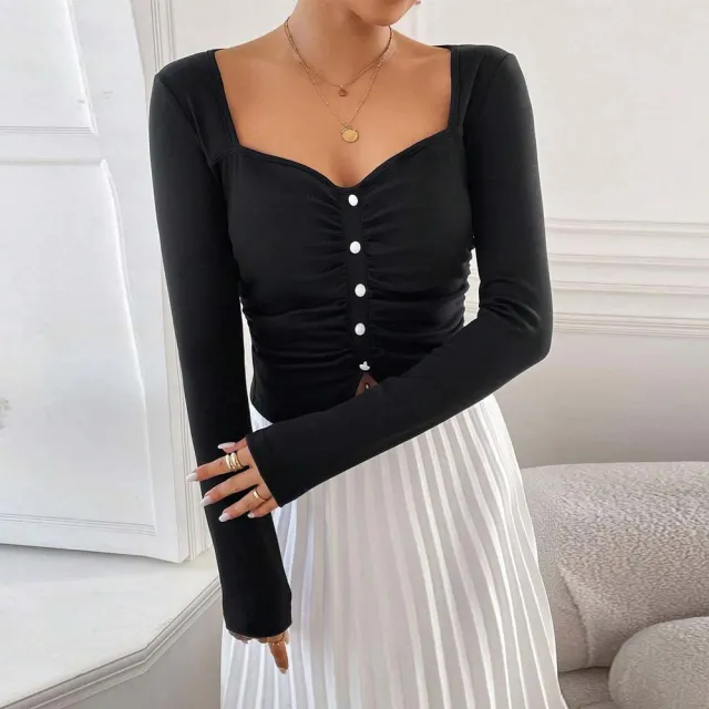 European And American Women's Clothing French Little Fragrance Square Neck T shirt Autumn And Winter Elegant High end Slim Top Black - Shop at LoveMi