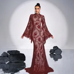 Long Sleeve Round Neck Sexy Lace Banquet Dress - Red - View 1