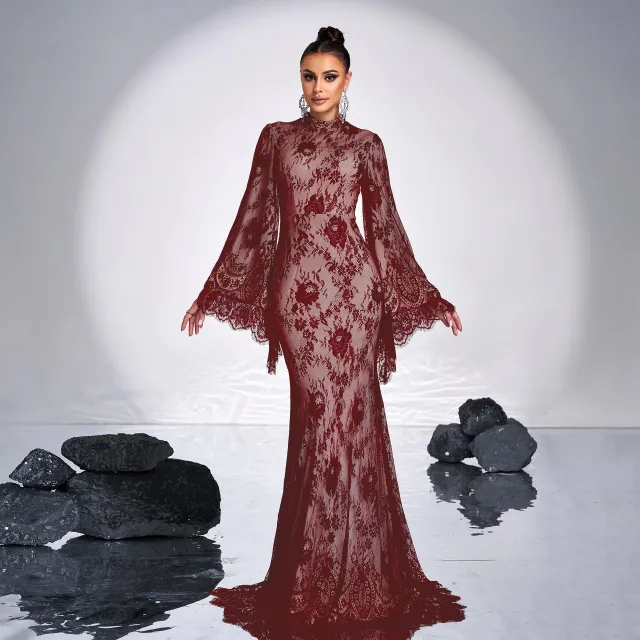 Long Sleeve Round Neck Sexy Lace Banquet Dress Red - Shop at LoveMi