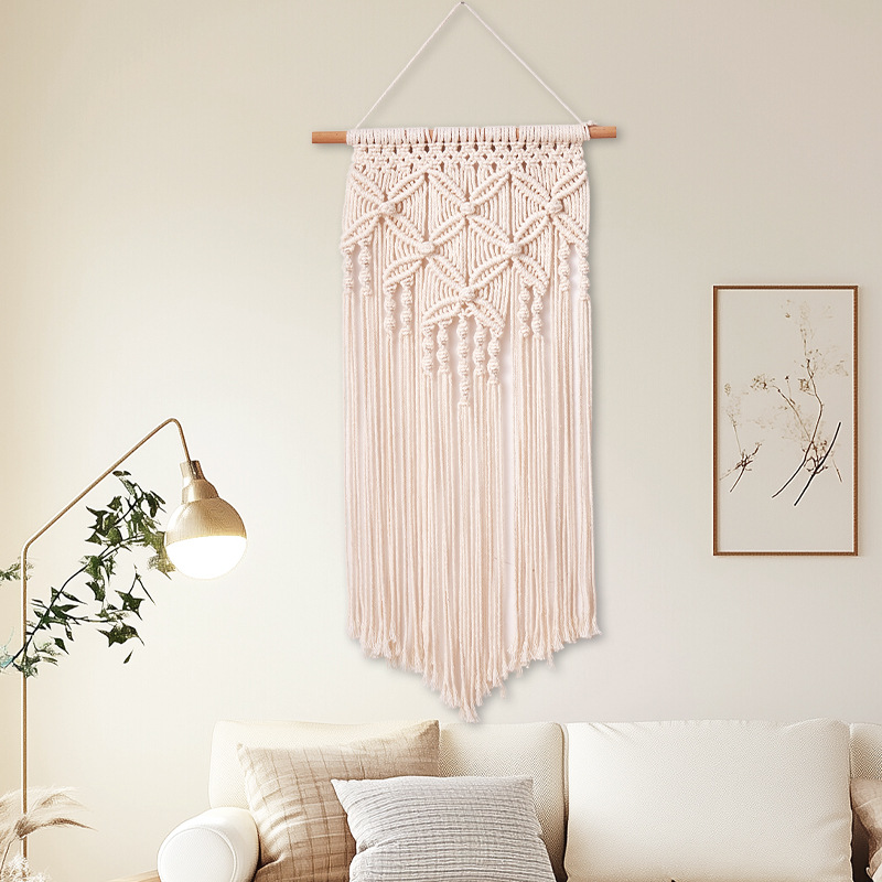 Cotton Rope Braided Diamond-Check Pattern Tasseled Tapestry