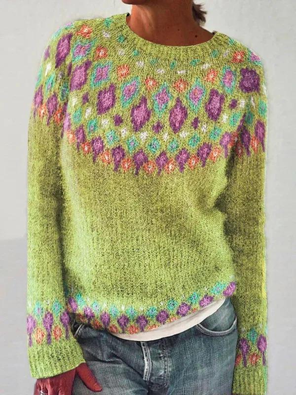 Round Neck Multicolor Loose Fashion Pullover Sweater Green - Shop at LoveMi