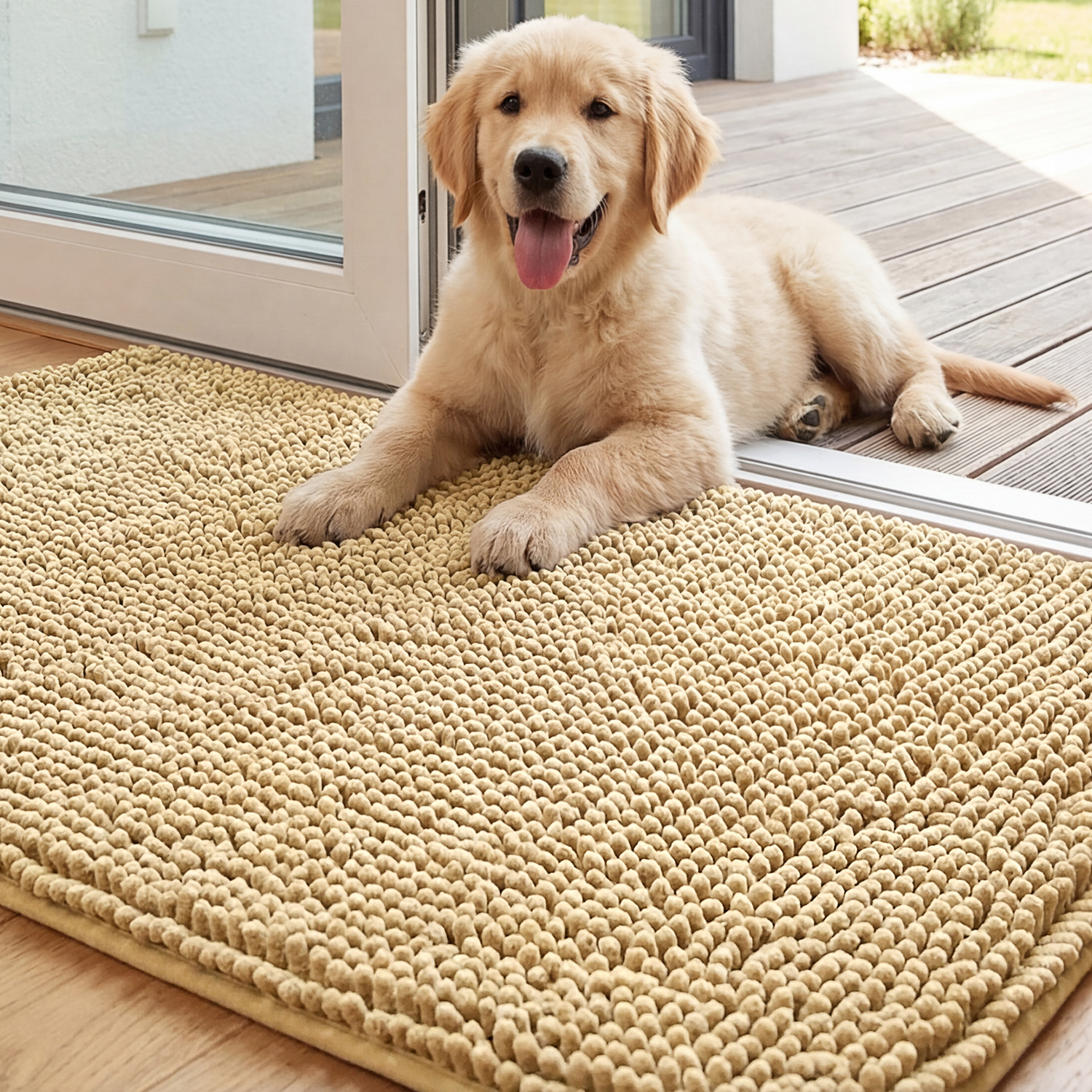 Chenille Non-slip Water-absorbent Solid-color Long-pile Pet Mat Beige 17x24inch