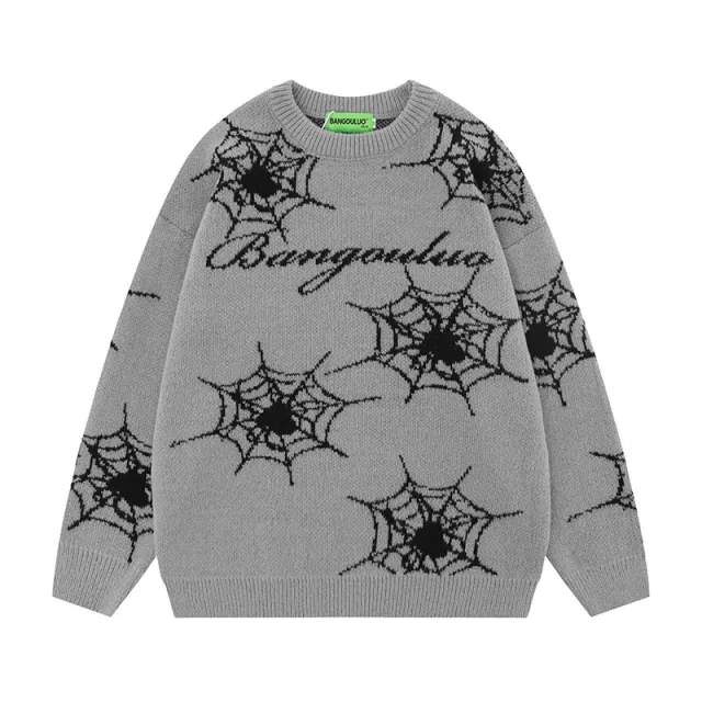 Spider Contrast Jacquard Knitted Couple Sweater 4950 Gray - Shop at LoveMi