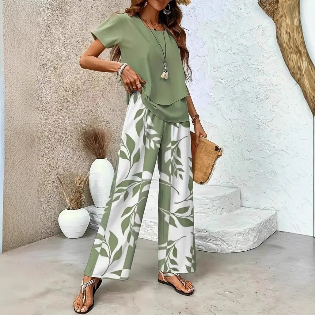 Fashionable Casual Short-sleeve Top And Wide-leg Pants Set