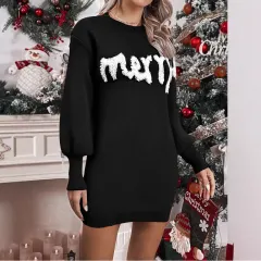 Women's Christmas Knitted Round Neck Sweater Dresses Lantern Sleeve Pullover Sheath Dress Elegant Loose New Year Party Dresses Fall Winter Knitted ... - View 1