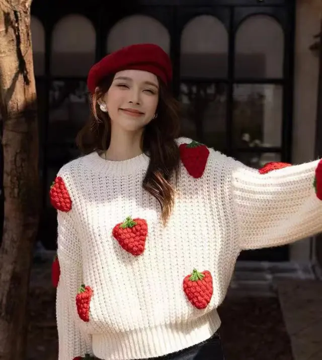 Sweaters Women's Clothing Loose Strawberry Crochet Knit White - Shop at LoveMi