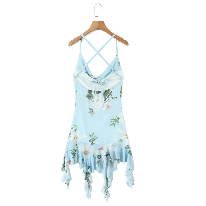 European And American Style Floral Print Asymmetric Knitted Sling Swing Collar Dress